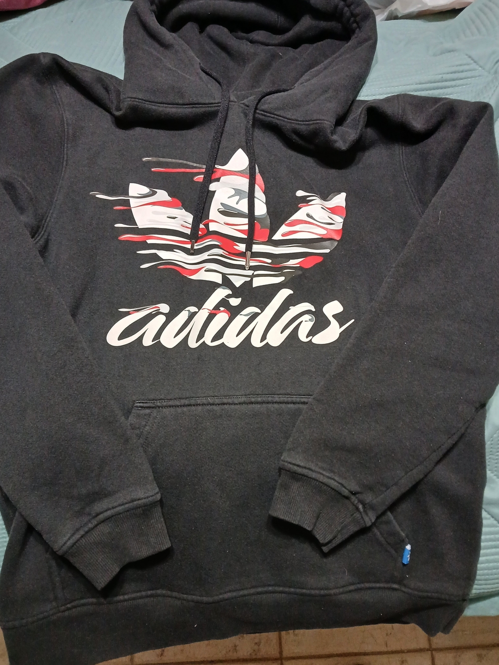 adidas Men's Black Hoodie with Distorted Trefoil Graphic Classic Size Large